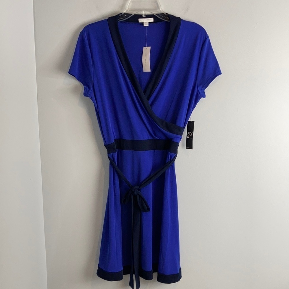 New York & Company blue faux wrap surplice belted dress MEDIUM